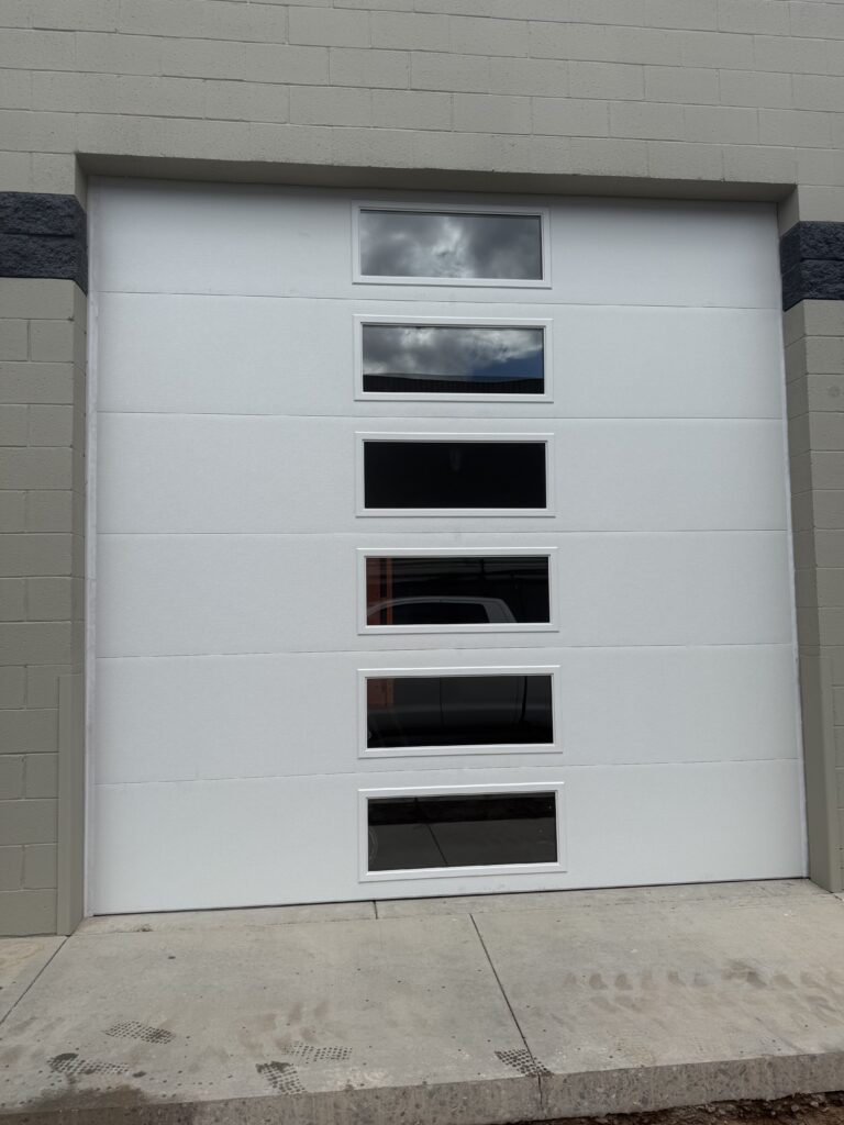 White garage door with multiple rectangular windows, showcasing modern design, in a North Phoenix setting.