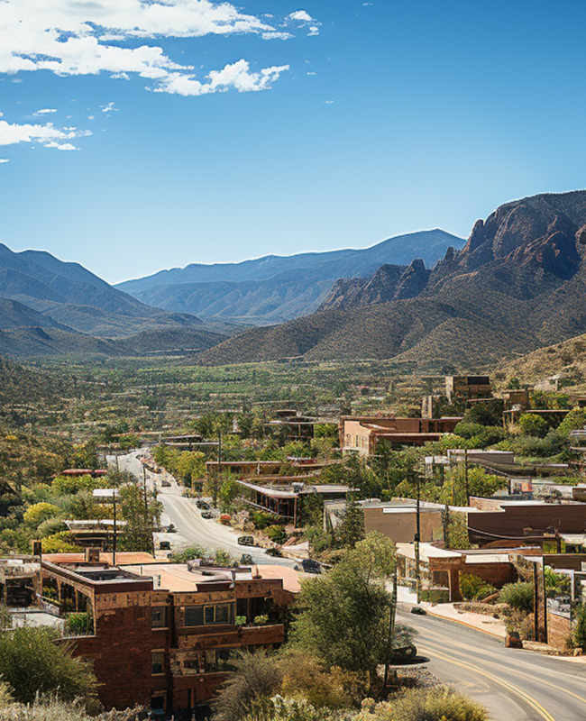 Panoramic view of Black Canyon City, Arizona, showcasing residential buildings, winding roads, and surrounding mountains under a clear blue sky.