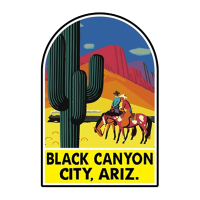 Black Canyon City, Arizona graphic featuring a cowboy on horseback with a cactus and desert landscape, emphasizing local culture and environment relevant to garage door services.