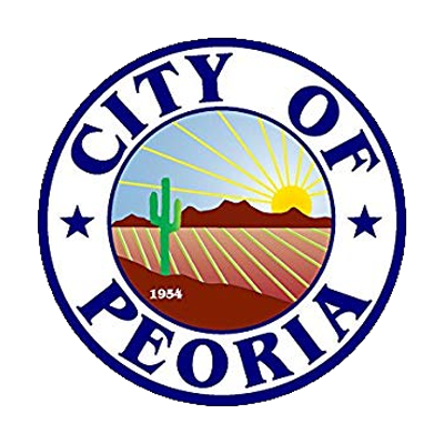 City of Peoria logo featuring a cactus, sun, and mountains, symbolizing the local climate and environment relevant to garage door maintenance and services.