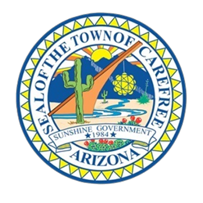 Seal of the Town of Carefree, Arizona, featuring a cactus, sun, and river, symbolizing the desert environment and community identity.