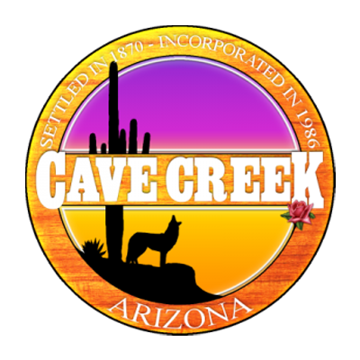 Cave Creek Arizona logo featuring a silhouette of a coyote and a saguaro cactus, representing the unique desert environment and custom garage door services in Cave Creek.